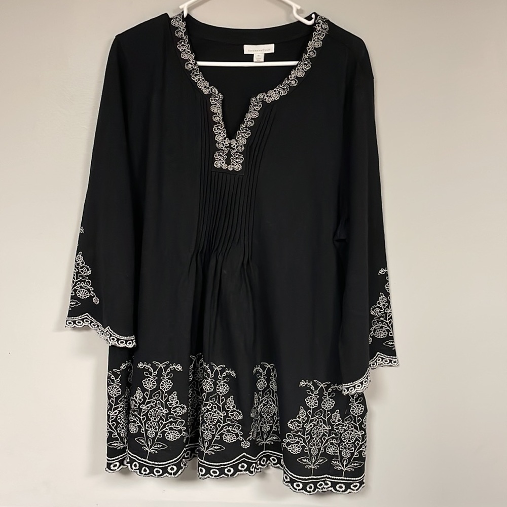 Charter Club White  & Black Floral 3/4 Sleeve Top, XL, Embroidered , 100% cotton